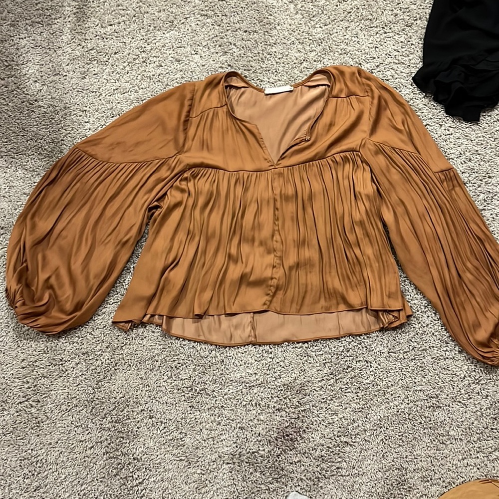 American Threads Brown Pleated Blouse